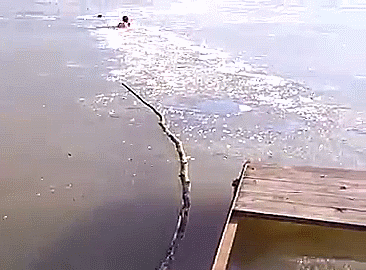 Chłopak przebija się przez zamarznięte jezioro, żeby ocalić tonącego psa