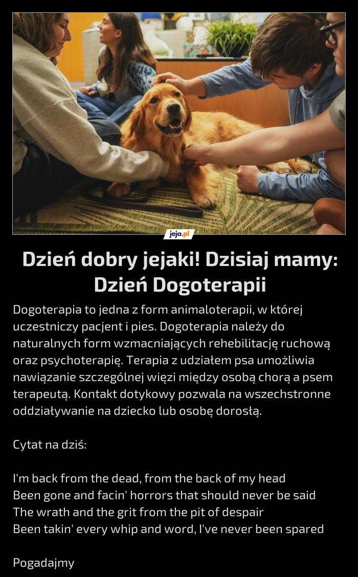 Dzień dobry jejaki! Dzisiaj mamy: Dzień Dogoterapii