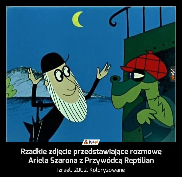 Rzadkie zdjęcie przedstawiające rozmowę Ariela Szarona z Przywódcą Reptilian