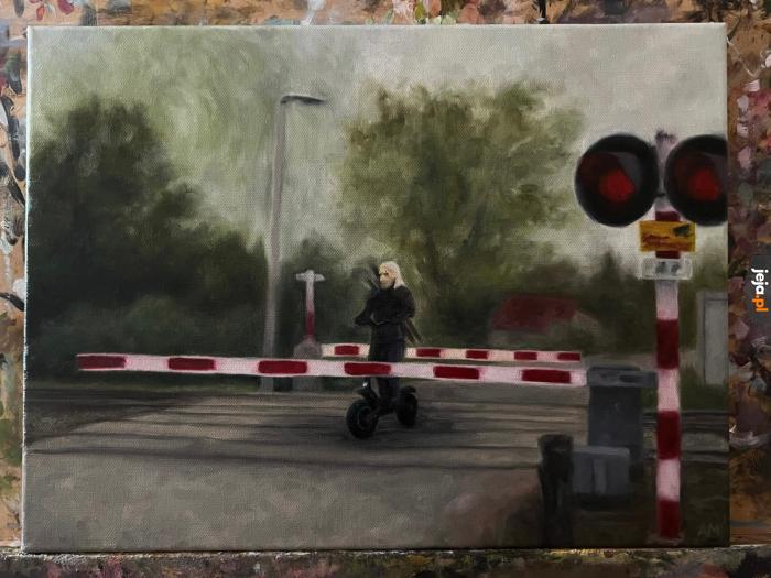 Geralt na Kukurinie na przejeździe kolejowym, olej na płótnie