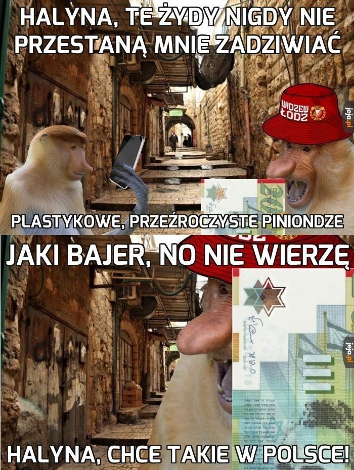 Janusz bawi się polimerowym banknotem na pielgrzymce w Izraelu