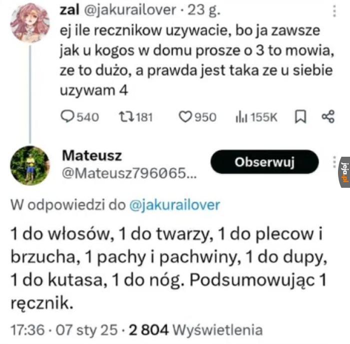 U mnie wchodzi 1 ręcznik na każdy cm²