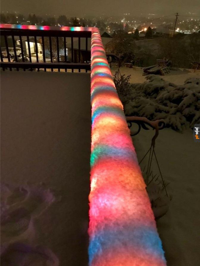 Światełka przysypało śniegiem, teraz wygląda jak płotek zrobiony z kolorowych chrupek