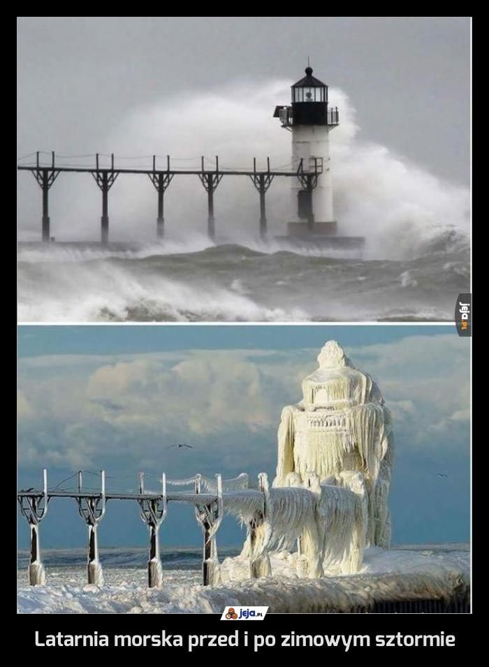 Latarnia morska przed i po zimowym sztormie