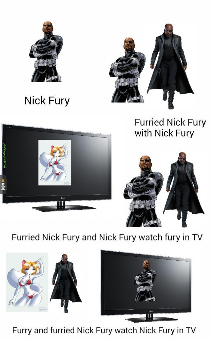 Nick Fury z Nickiem Fury w furii oglądają Furry w telewizji