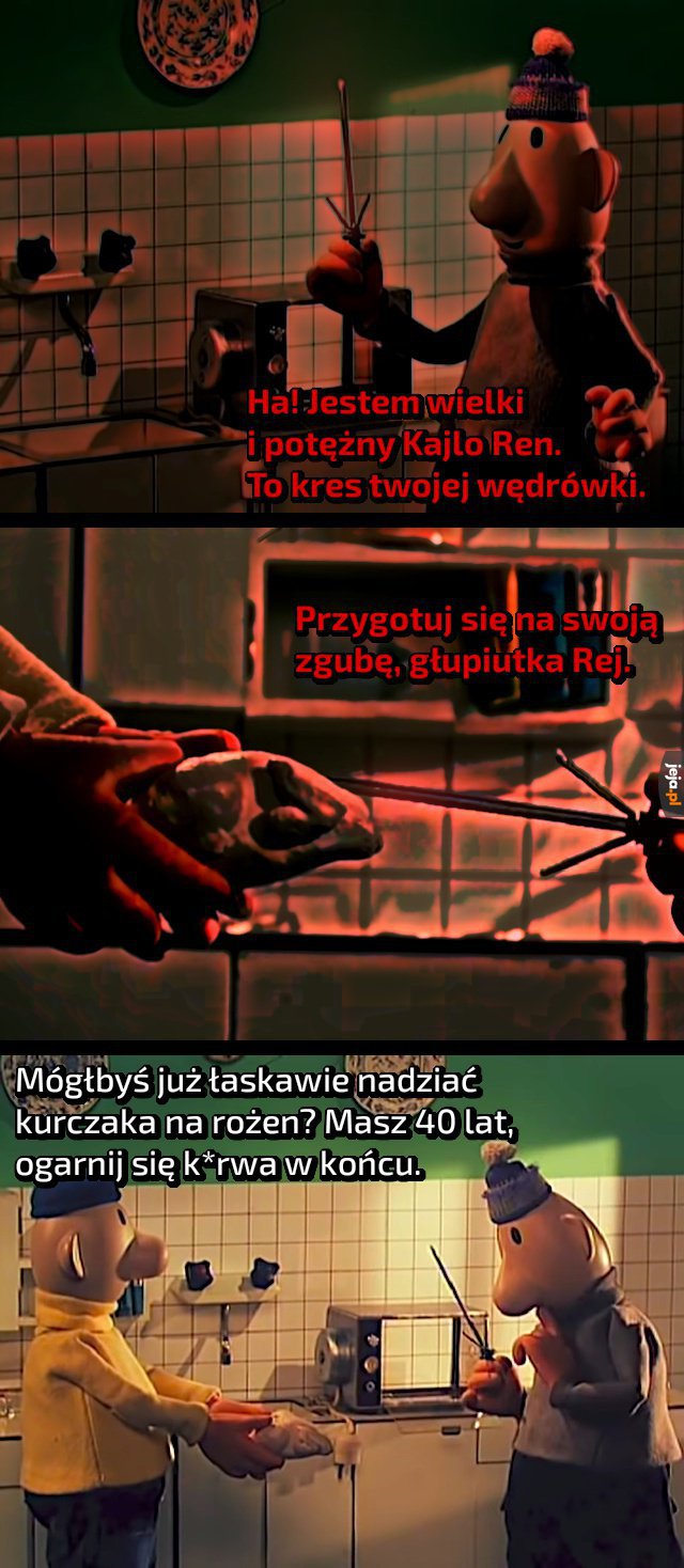 Czerwonym tekstem oznaczono wypowiedzi w pradawnym języku Sithów