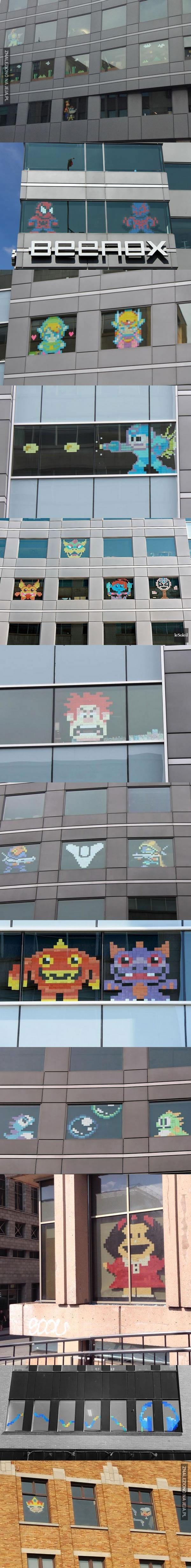 Pixelowe ludziki w biurowych oknach
