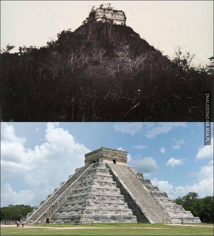 Piramida Majów w dniu jej odkrycia i dzisiaj