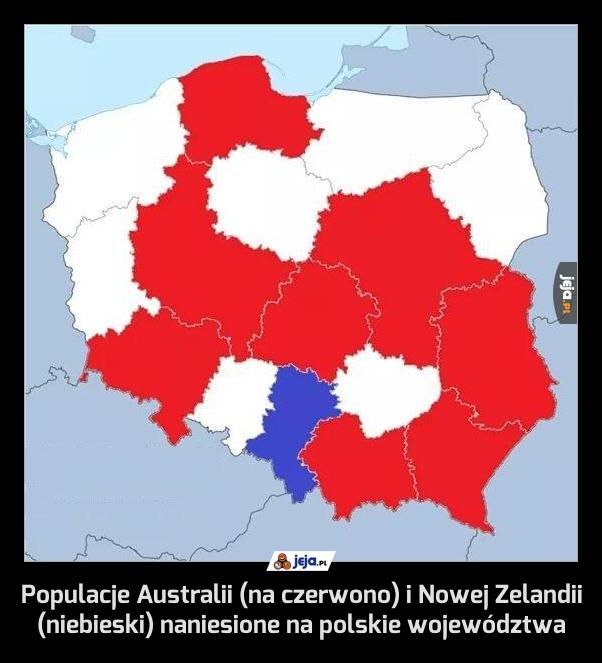 Populacje Australii (na czerwono) i Nowej Zelandii (niebieski) naniesione na polskie województwa