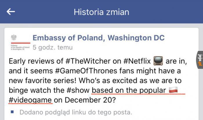 Polska ambasada myśli, że serial Wiedźmin powstał na podstawie gry wideo