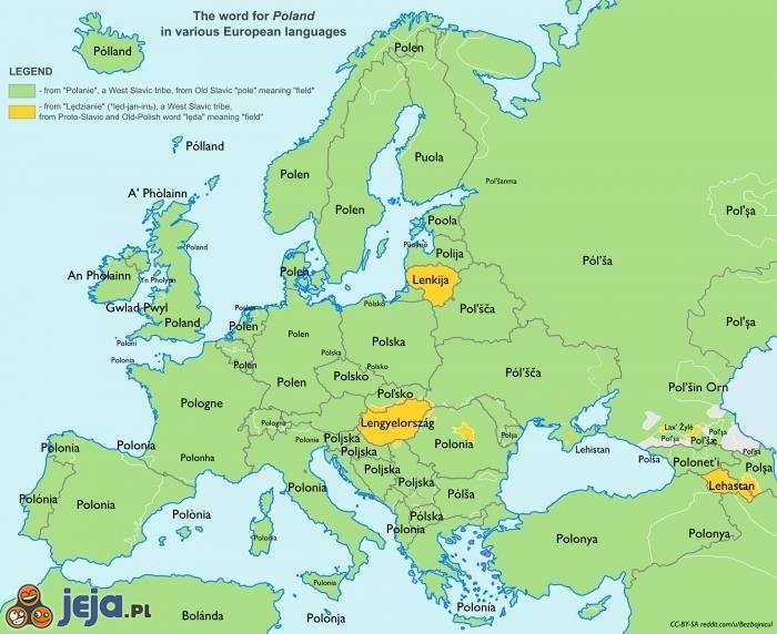 Słowo Polska w różnych językach Europy