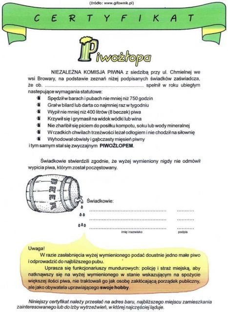 CERTYFIKAT  PIWOŻŁOPA